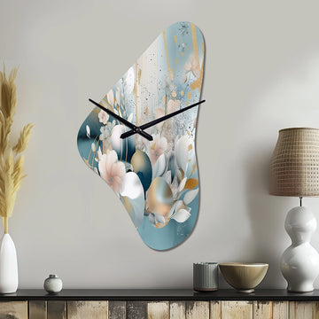 Blue Marble Gold Floral Impressions III - Asymmetric Metal Wall Clock